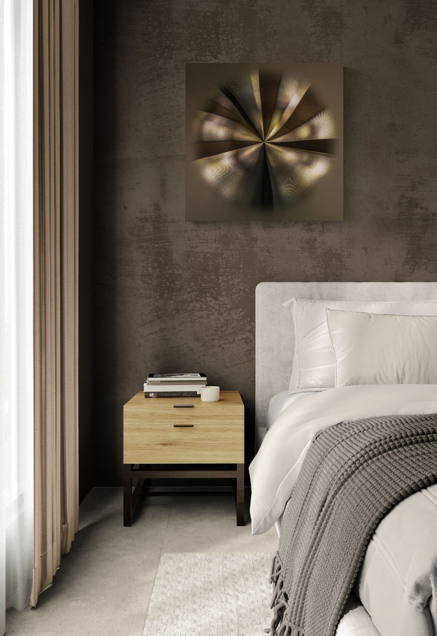 Simulated interior display: *The Temple of Glimmers* by Paul Marnef, a work featuring radiant golden forms displayed above a bed