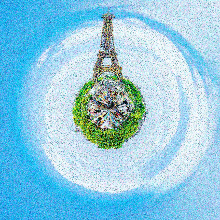 Majestueuse – Photographie d’art en pointillisme représentant la tour Eiffel émergeant d’une planète imaginaire aux tons bleus et verts.