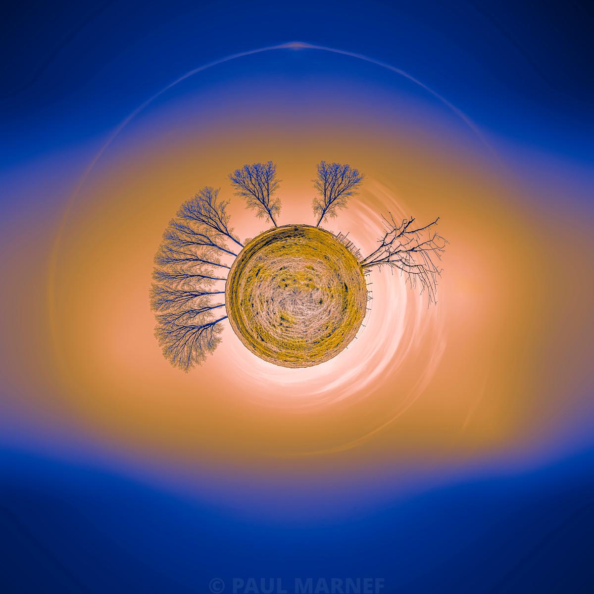 Nocturna, arbres dénudés autour d’une planète sous un ciel bleu et orangé, photographie de Paul Marnef