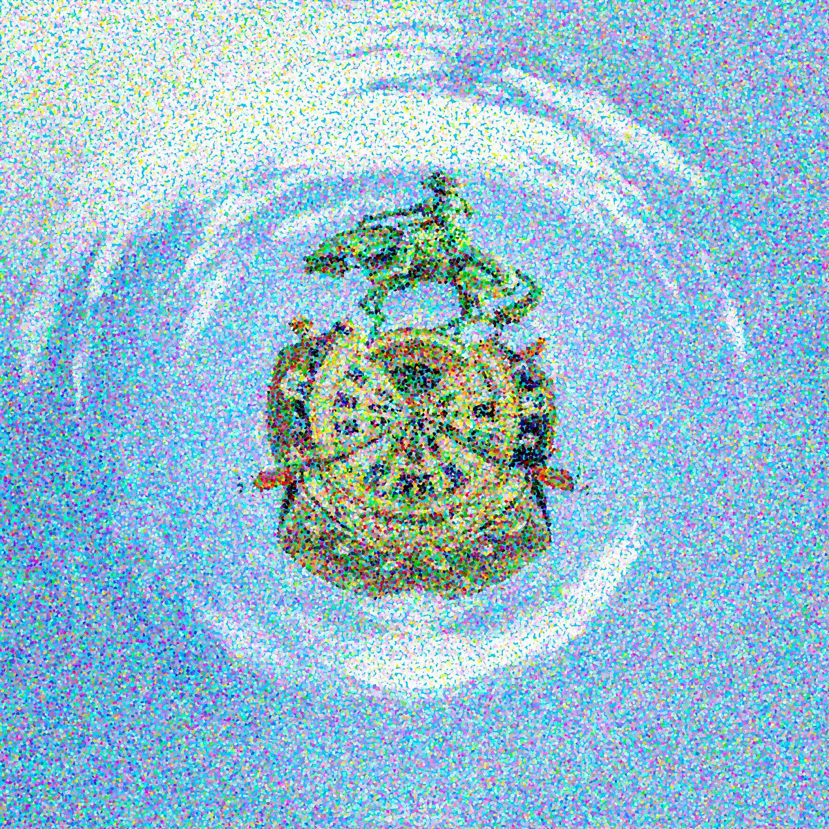 A figure riding a green stag rests on a large spoked wheel, surrounded by luminous concentric circles against a grainy blue background.