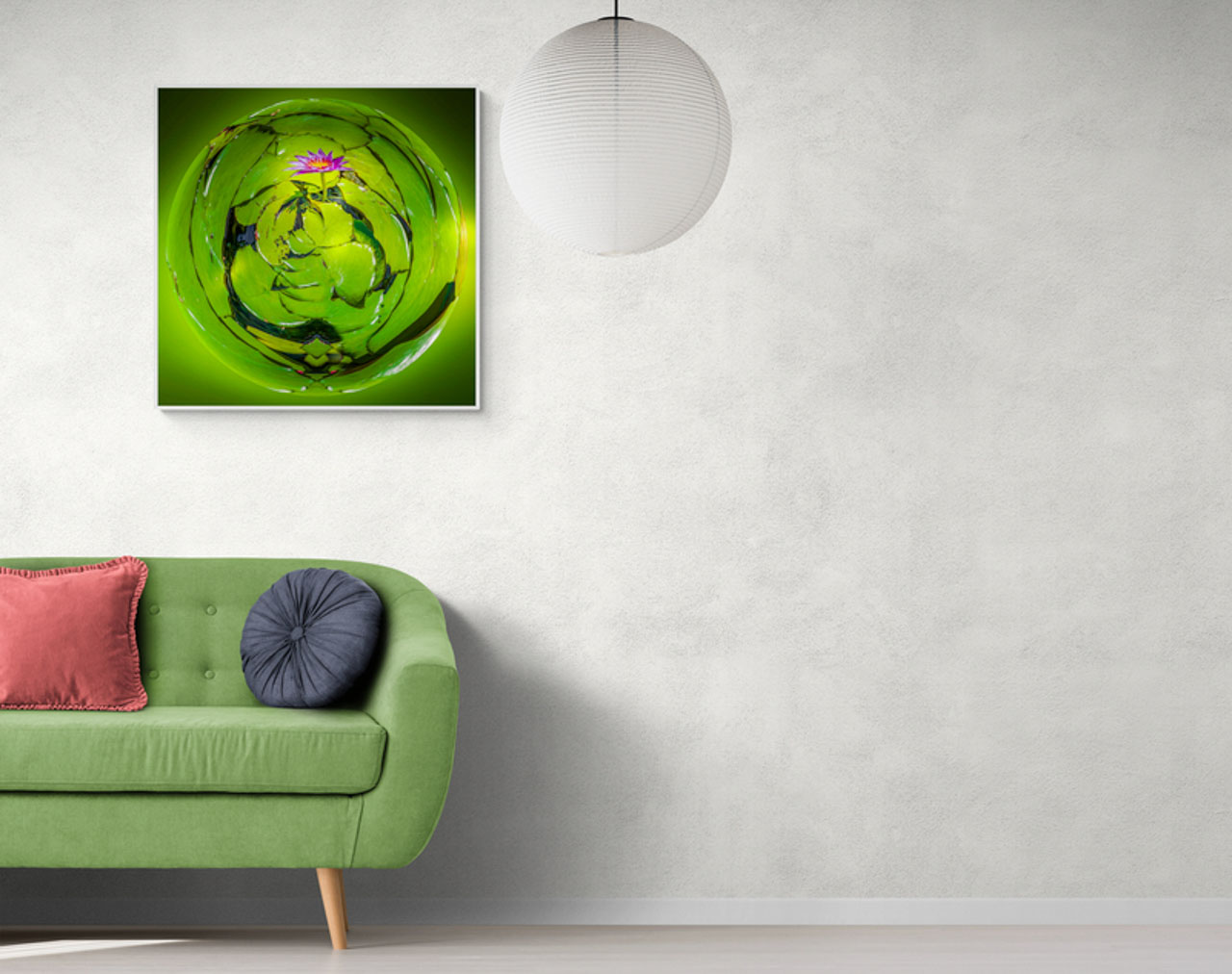 Indoor display simulation: ‘Water Lily of Light’, a framed green artwork next to a sofa in a living room