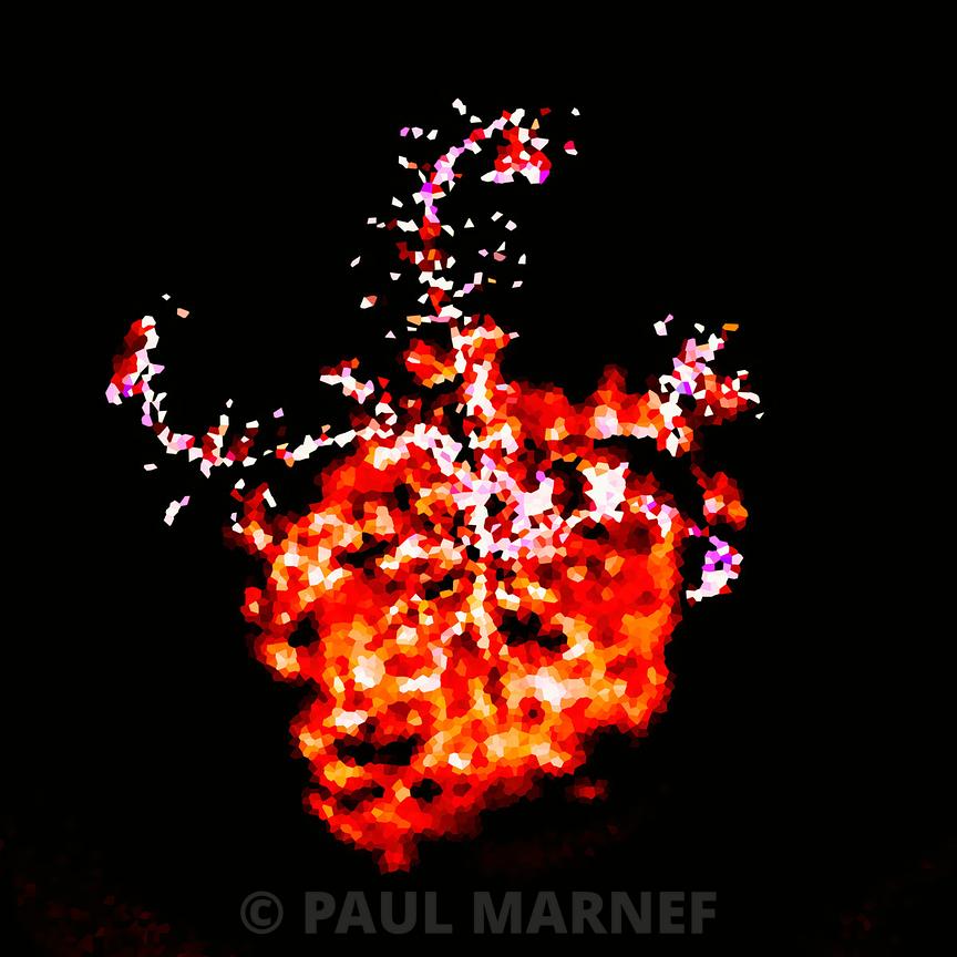 Voile de flammes rougeoyantes parsemé de braises incandescentes, serpentinant sur un fondo nuit profonde, signé de l'artiste Paul Marnef.