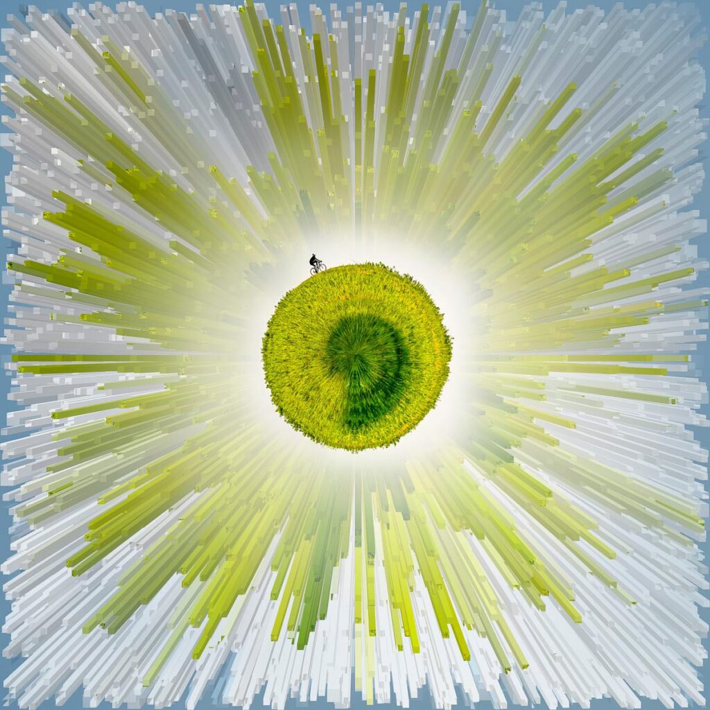 A cyclist on a circular island of green grass, surrounded by long, translucent white and yellow sticks radiating upwards.