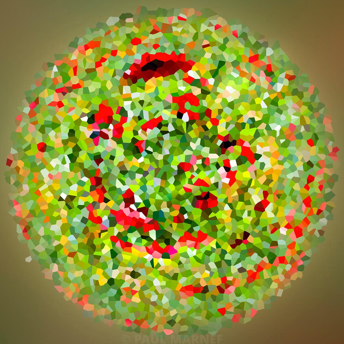 Bouquillon de coquelicots rouges éclatant qui émerge d'un voile de polygones vert-limons et jaunes sur fond bruni, rendu en style mosaïque géométrique.