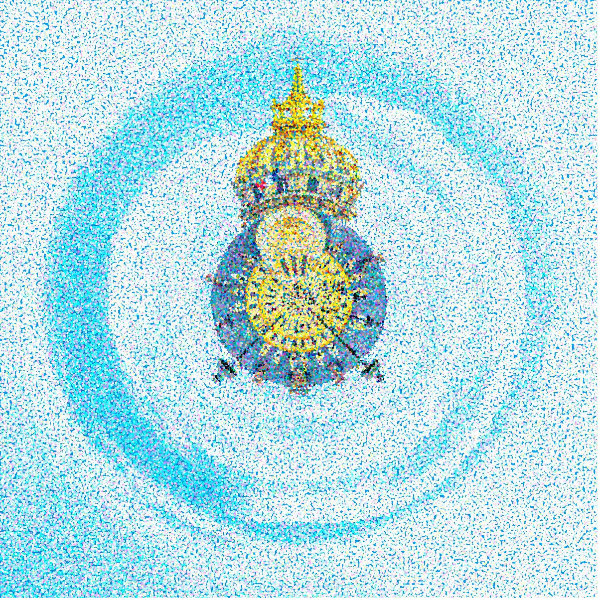 Objet doré brillant flottant au centre d'un halo concentrique de cercles bleu pale sur un fond clair texturé de pointillés.