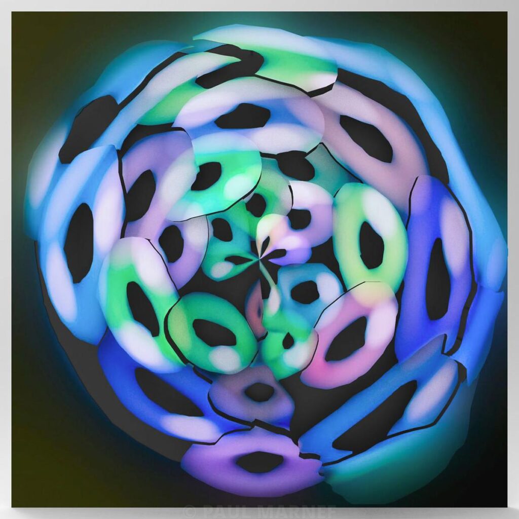 A multidimensional optical ring composed of blue, green and purple rings rotating dynamically against a dark background.