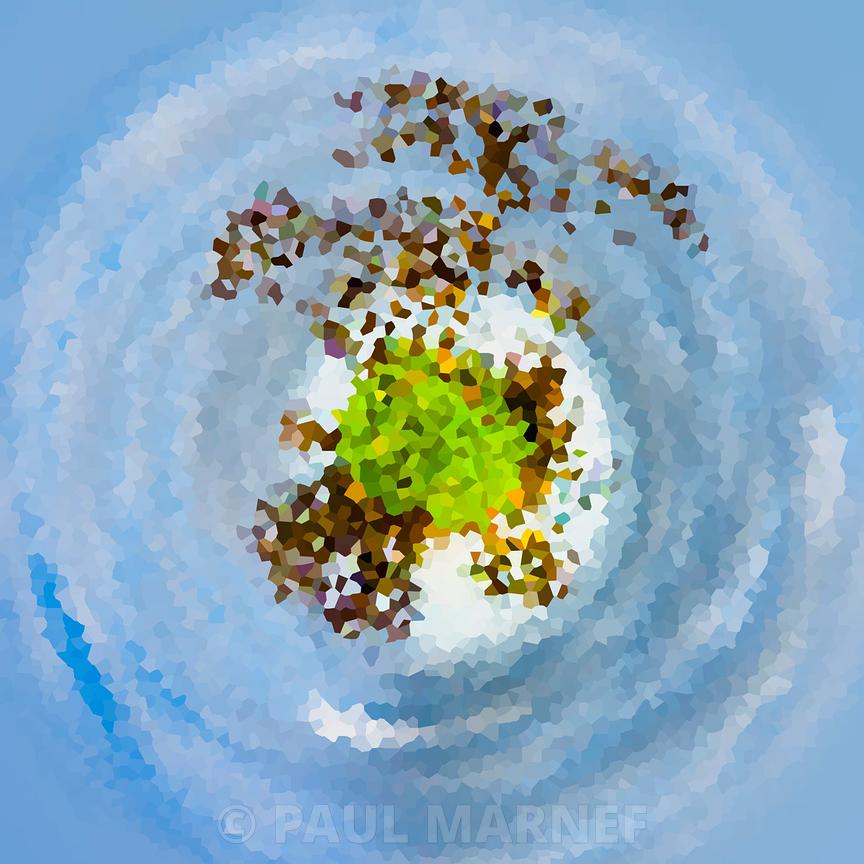 Un tourbillon nuageux blanchâtre entoure un cœur vert vif et des fragments bruns sur fond bleu.