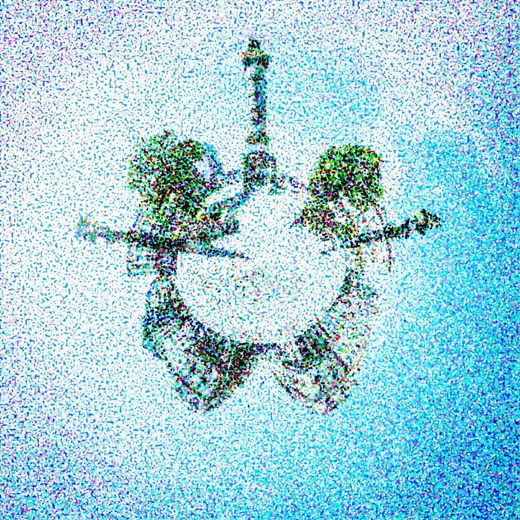 Two human figures form a vertical column in the centre of a grainy light blue and white background.