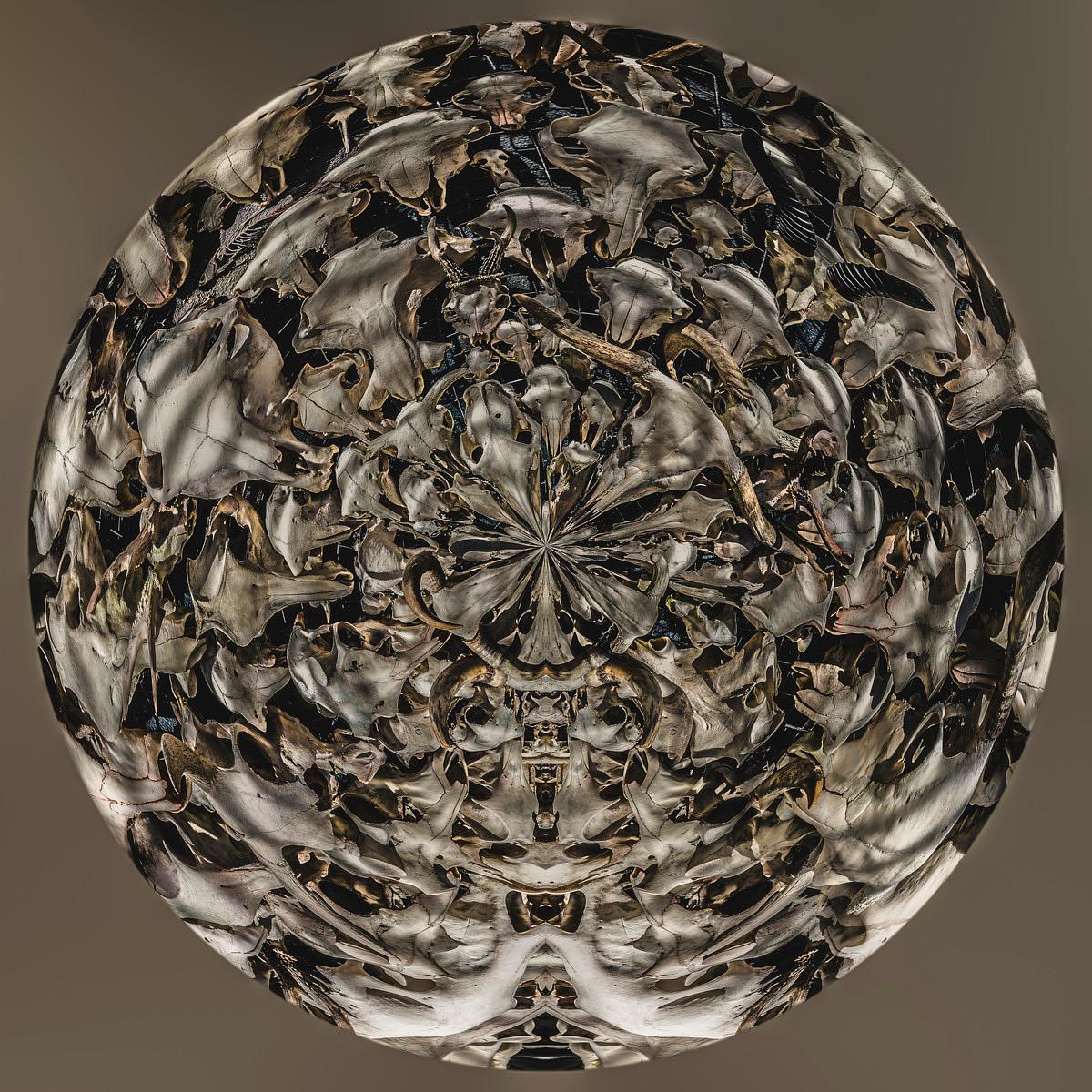 Un globe sphérique entièrement recouvert de crânes et de fragments d'ossements métalliques enchevêtrés sur un fond gris.