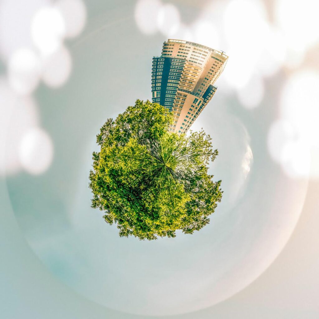 Un effet d'objectif circulaire encadre un grand immeuble de bureaux se dressant derrière une couronne d'arbre verdoyante dans un ciel clair.