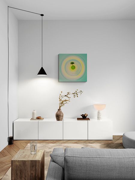 Simulation de présentation : L’Arbre Solitaire Revisité de Paul Marnef, cercles pastel présentés dans un salon épuré