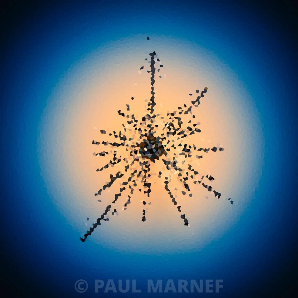 A blue, orange and golden halo dominated by a composition of dark fragments arranged in a shower-like pattern and surrealist lines.
