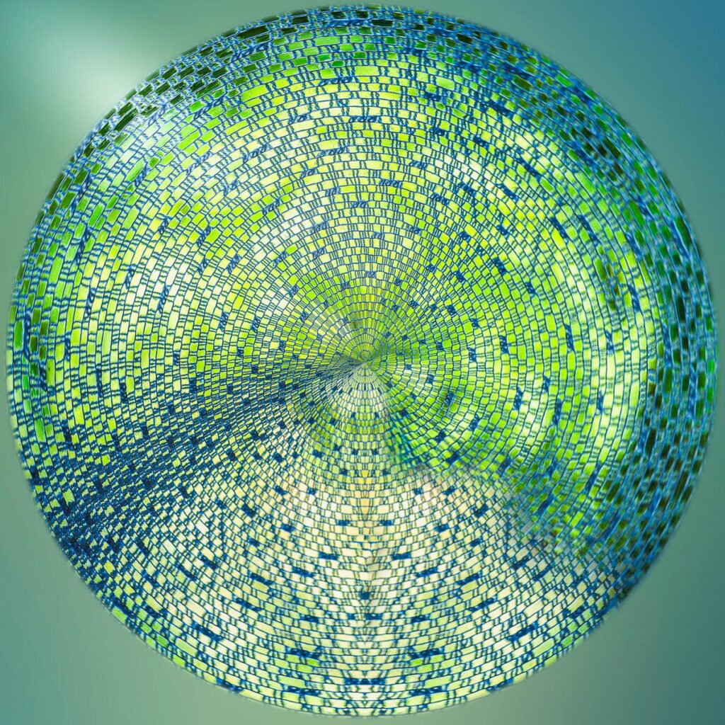 A sphere composed of a mosaic of blue and bright green cubes arranged in spiral patterns against a blurred greenish background.
