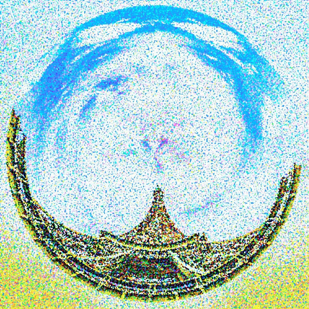A blue and white sphere above a dark crescent, which supports an arrow pointing towards the sky.