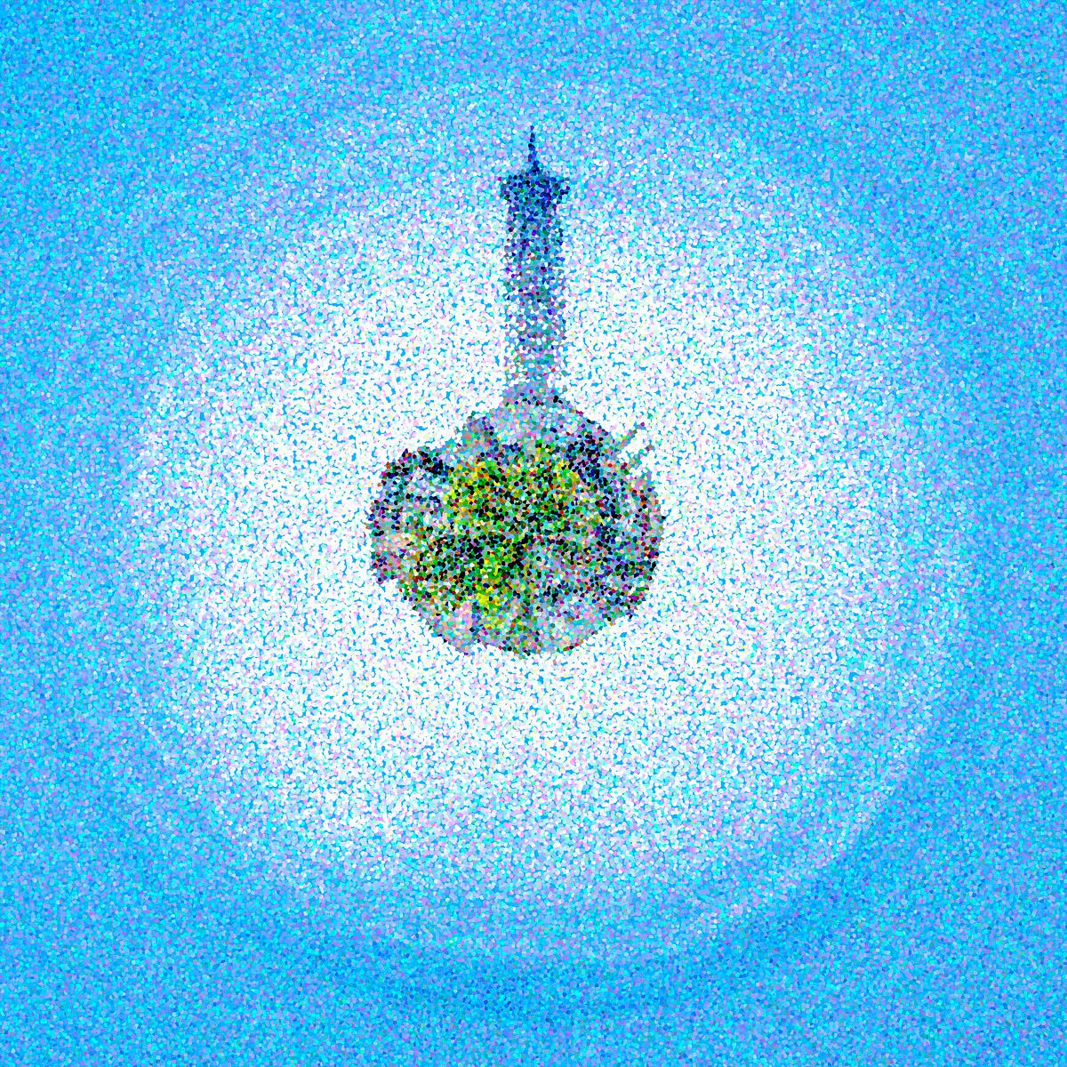 Tour Eiffel au centre d'un lavis bleu éclatant en halo.