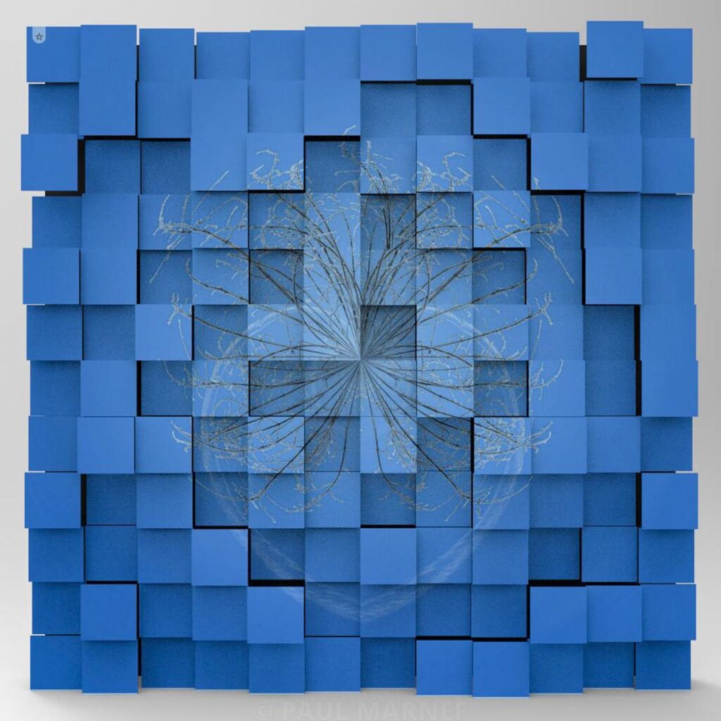 Layers of embossed blue paper squares forming a grid, revealing the centre and bracts of a dandelion in the background.