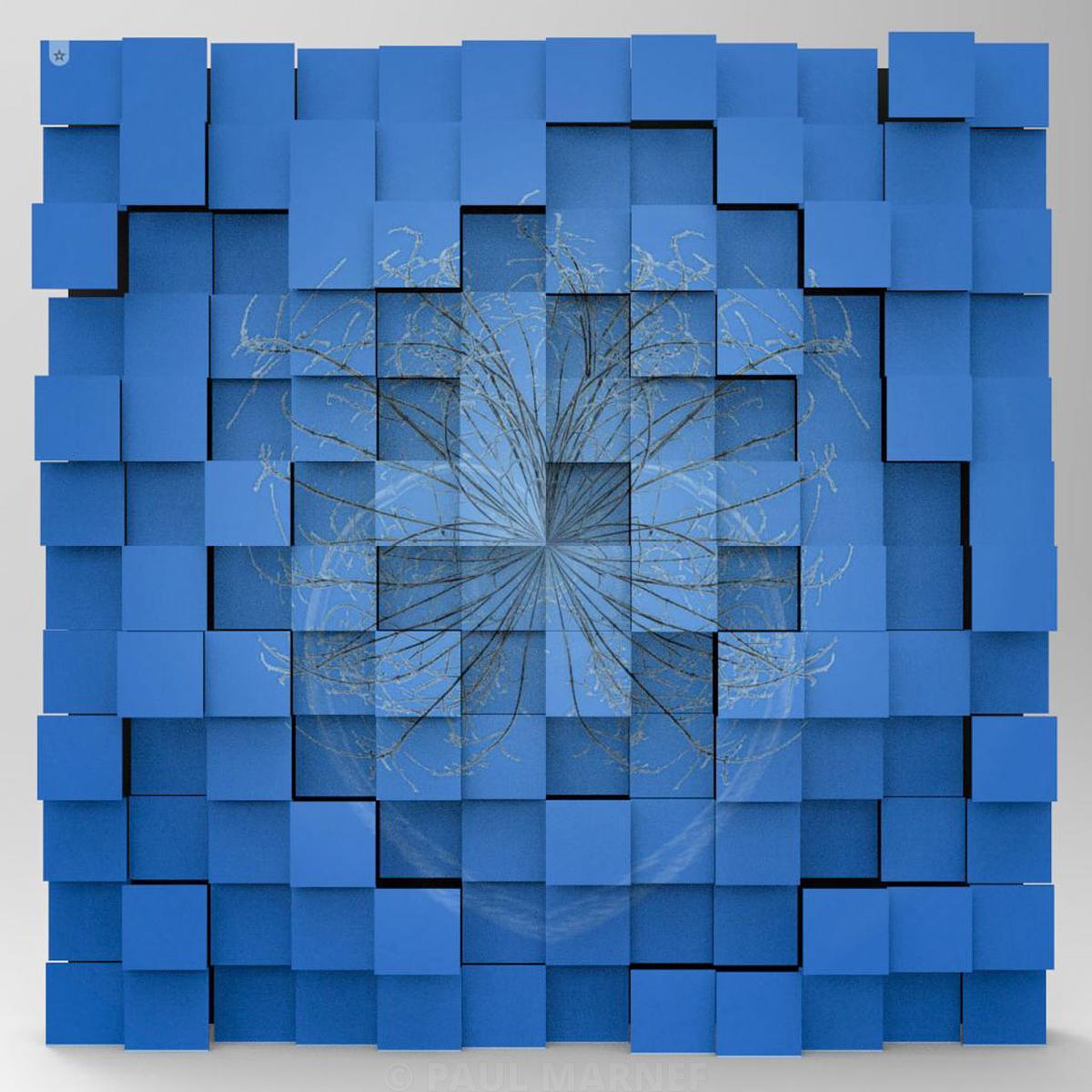 Des carrés de papier bleu en relief superposés formant une grille, laissant apparaître en arrière-plan le cœur et les bractes d'une pissenlit.