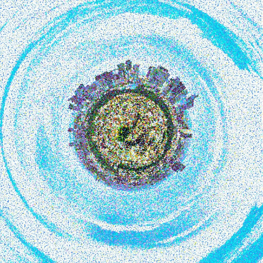 Un disque de couleurs denses au centre est entouré de larges anneaux concentriques bleus et blancs dessinant une spirale.