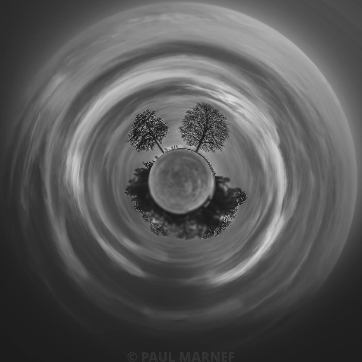 Ciel de nuages en spirale dynamique entourant un sol minéral au centre de la composition où deux arbres dénudés s'élèvent face à la lune en noir et blanc.