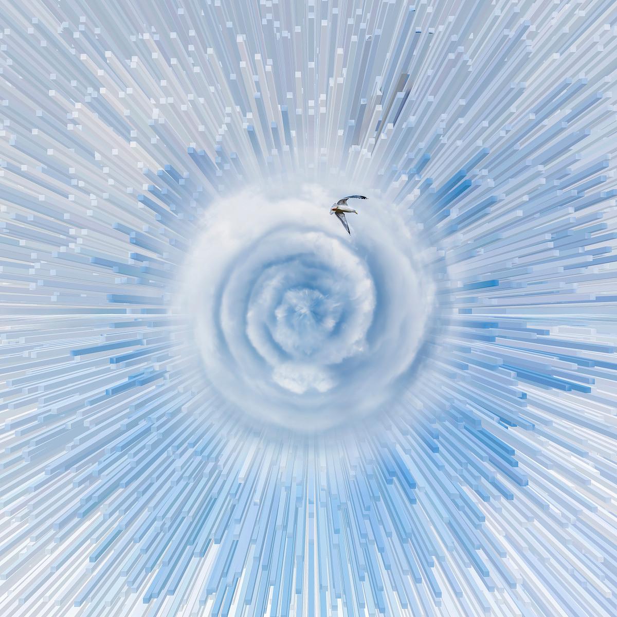 Un oiseau volant traverse une spirale nuageuse entourée de fins barres bleues et blanches rayonnantes.