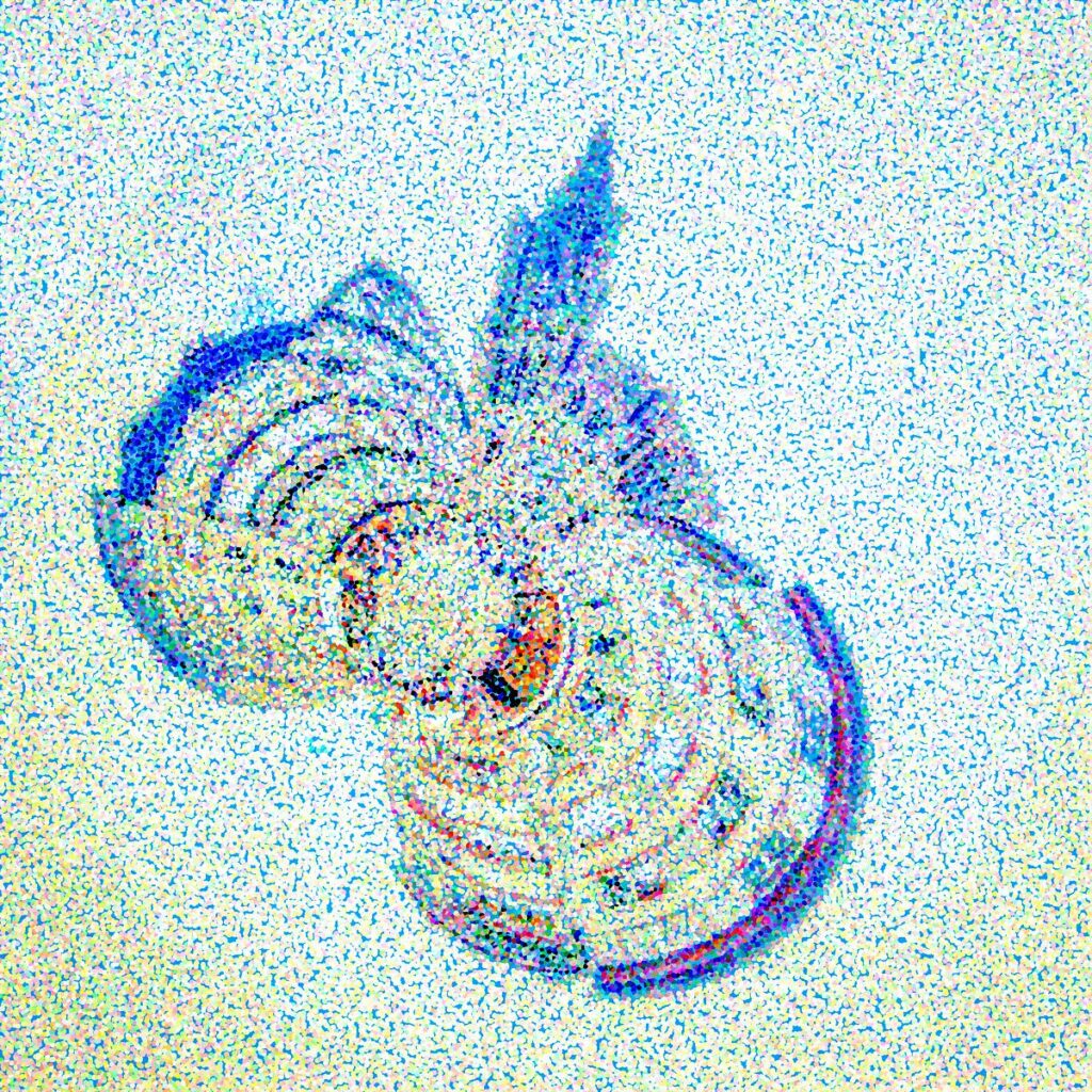 Intertwined spirals of blues, purples and ochre floating against a light, grainy background.