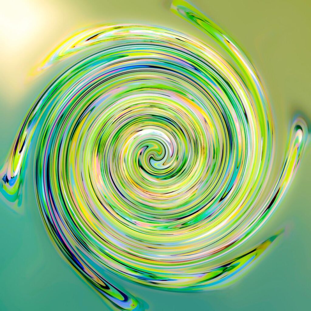 Vibrant concentric spirals blending washes of green, yellow and blue, swirling against a turquoise gradient background.
