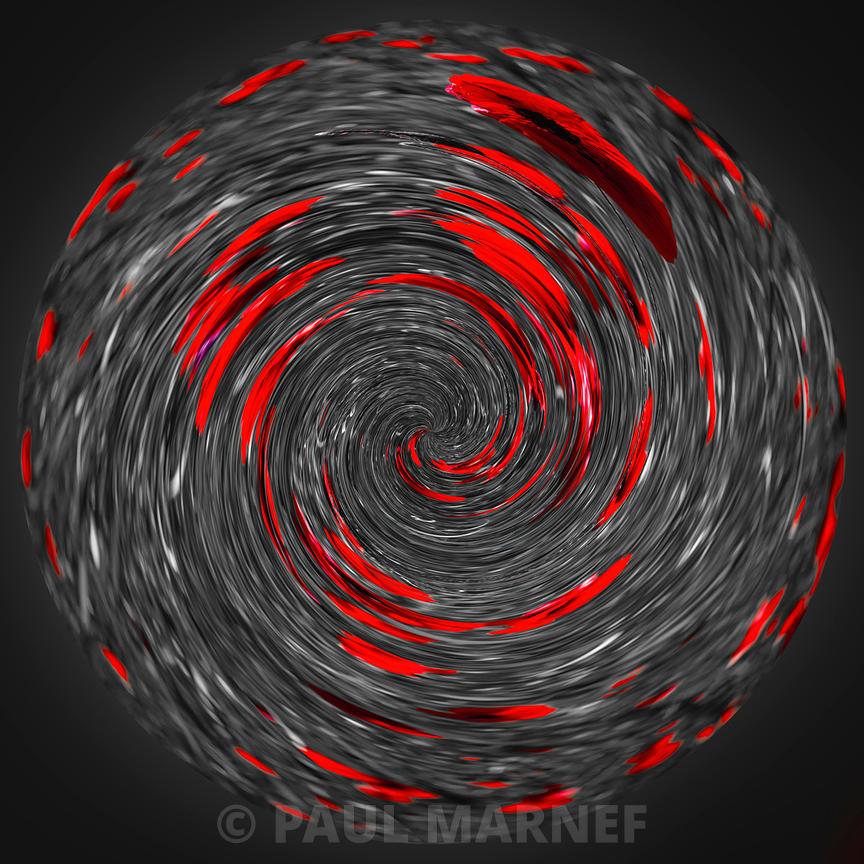 Trousse des fils de metal noir en rotation en spirale, interceptes par des traees de peinture rouge brillante sur un fond sombre.